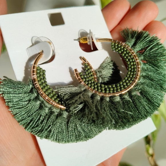 Green Boho Tassel Earrings - Picture 7 of 9